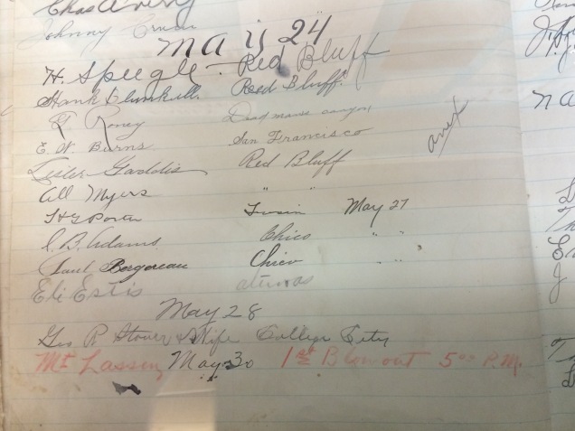 Guest register from Stover Hotel. My great-grand aunt is signed in near the bottom, on May 28. This was the last time Mt. Lassen erupted, 100 years ago.